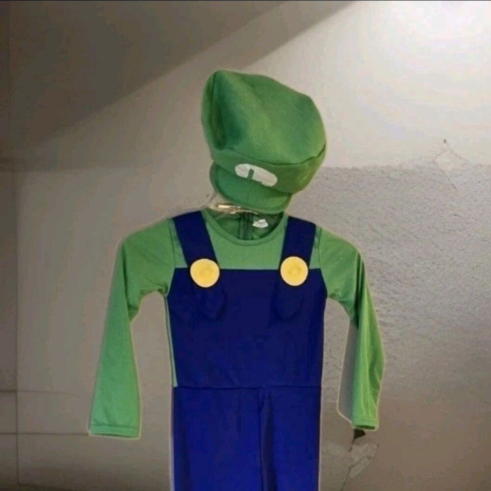 Kids Luigi Super Mario Bros. Halloween Costume Jumpsuit Hat Small 4T 5T C79